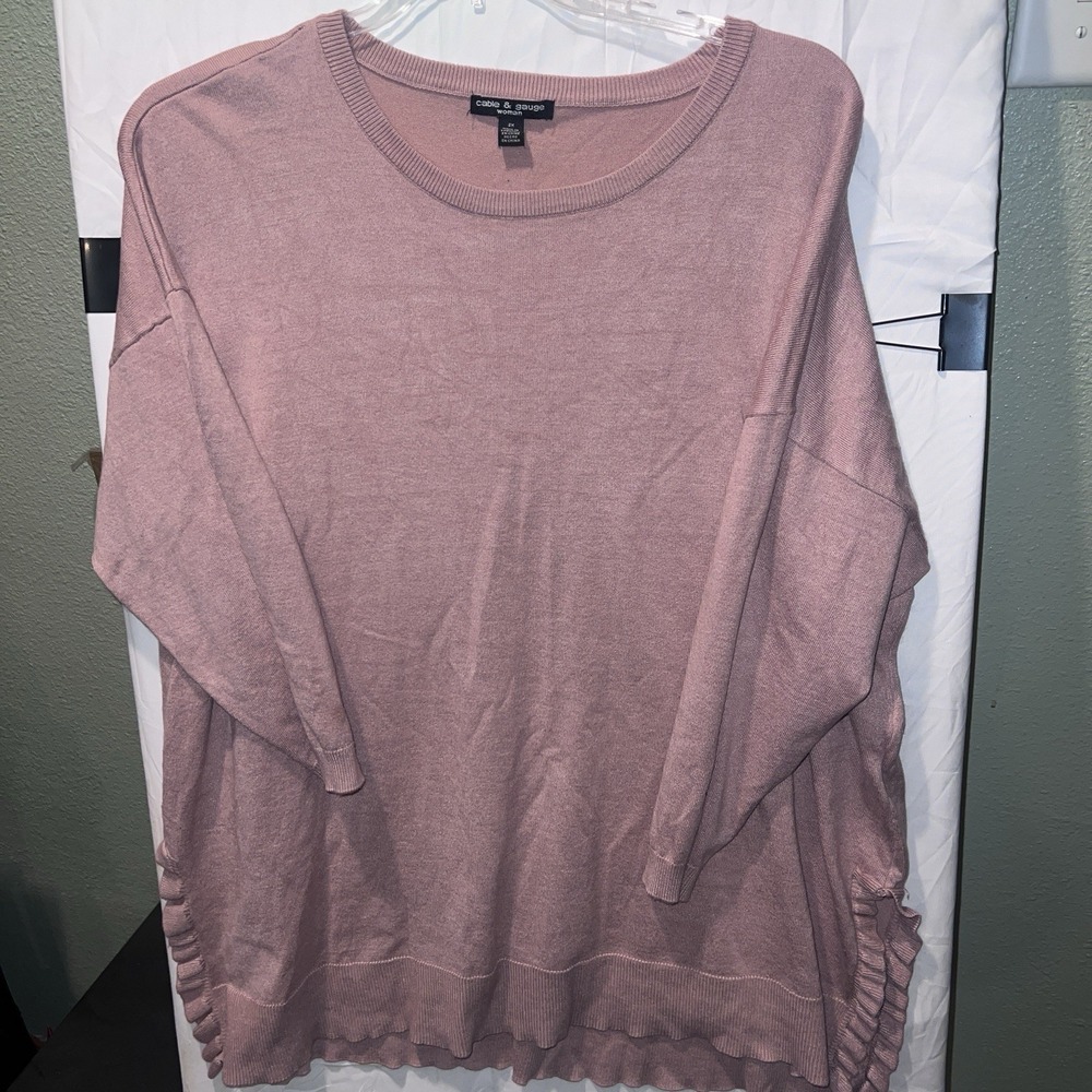 Cable & Gauge Womens 2X 3/4 Sleeve Knit Sweater with Ruffle Slits Pink Rayon